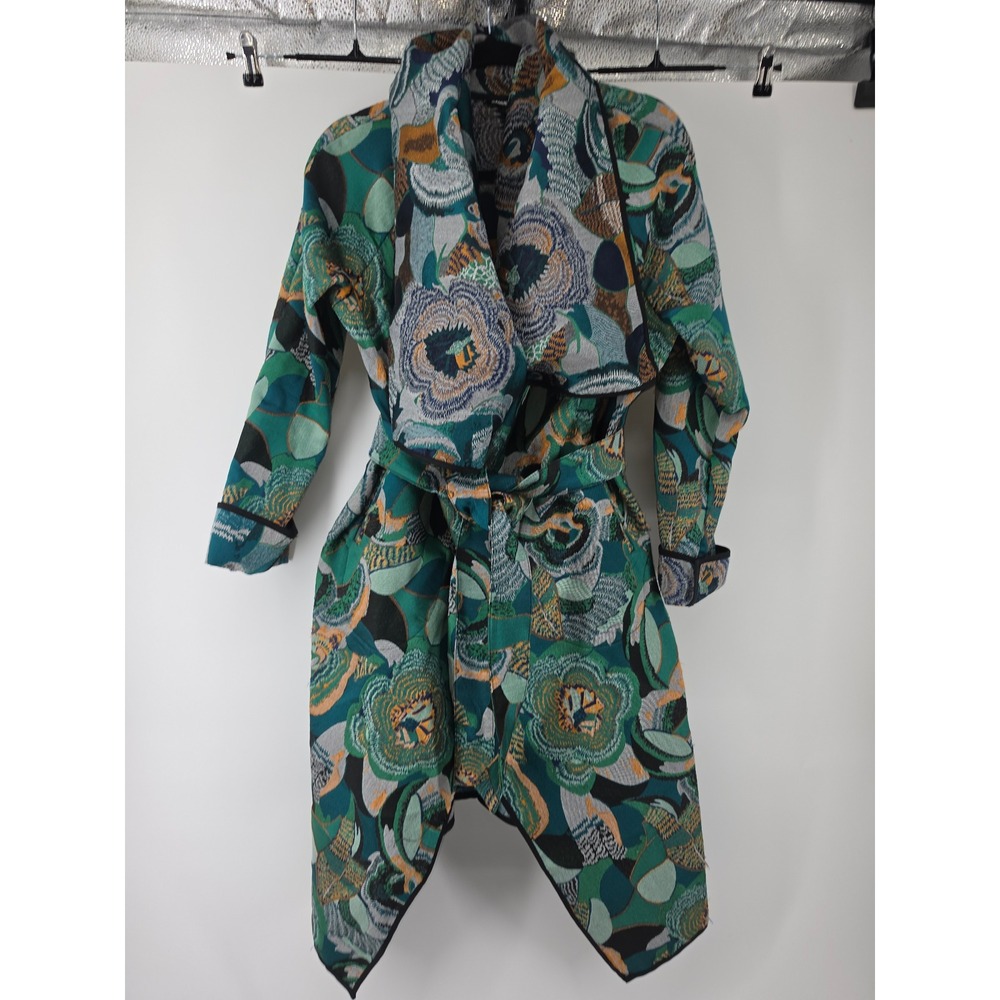 Samuel Dong Green Floral Tapestry Wrap Coat Shawl Collar Asymmetrical Belted M